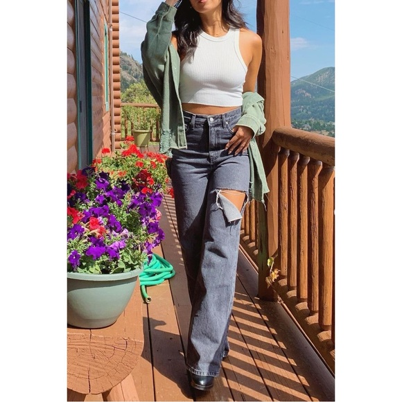 12th Tribe Brooklyn Washed Black Slash High Rise Straight Leg Boyfriend Jeans - Picture 15 of 16